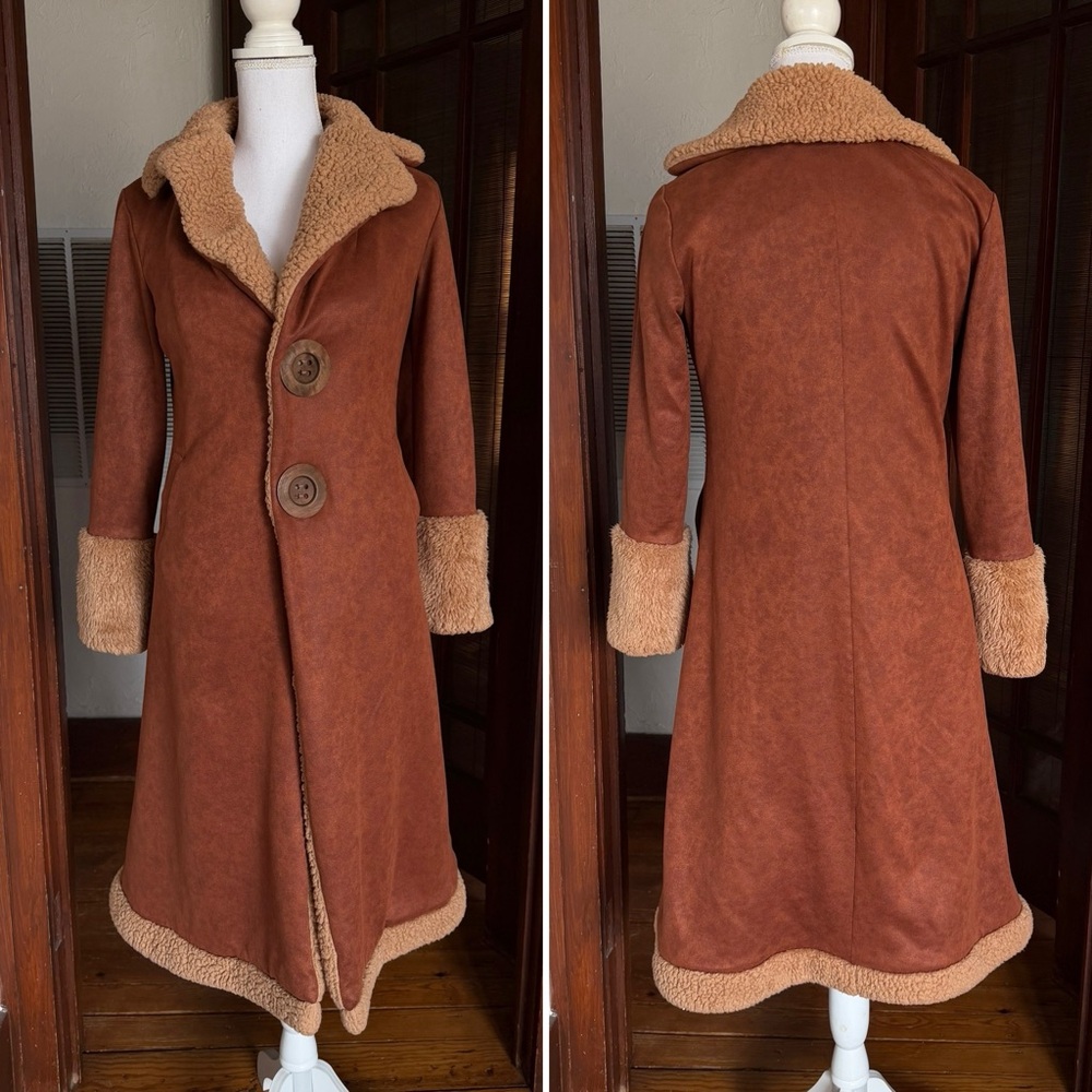 Retro Brown Faux Suede Fleece Trim Long Western Trench Coat Boho 70s Inspred
